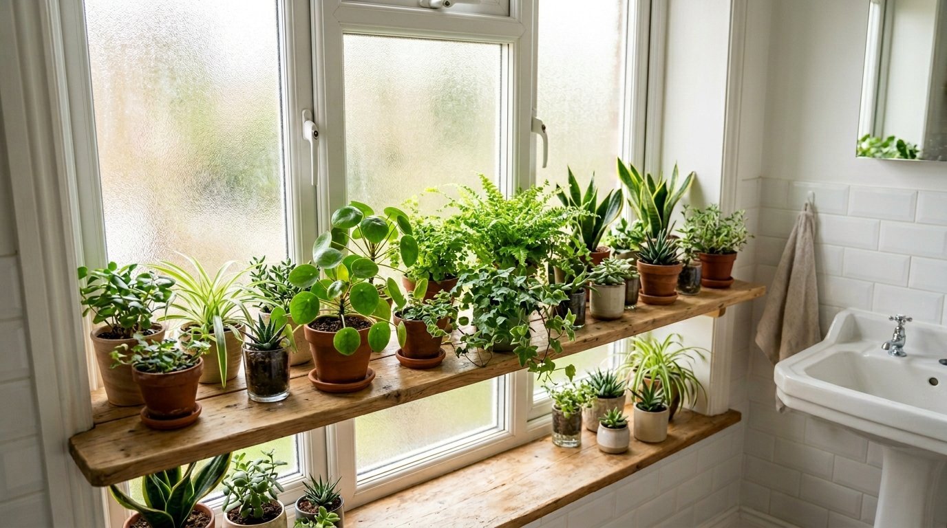 Varied indoor plants in clay and glass pots sitting on a wooden shelf in front of a bathroom window.