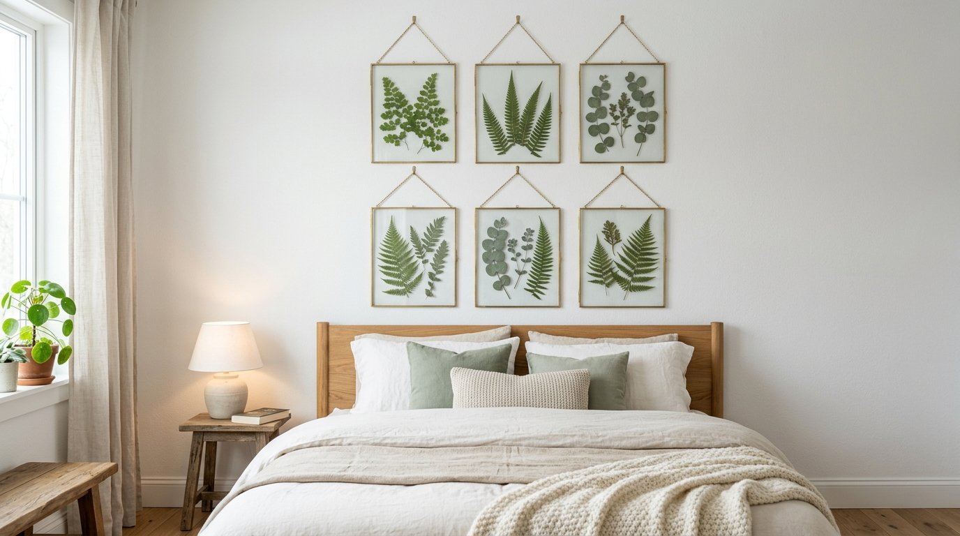 A gallery wall of six square brass frames containing pressed green ferns and leaves over a minimalist bed.