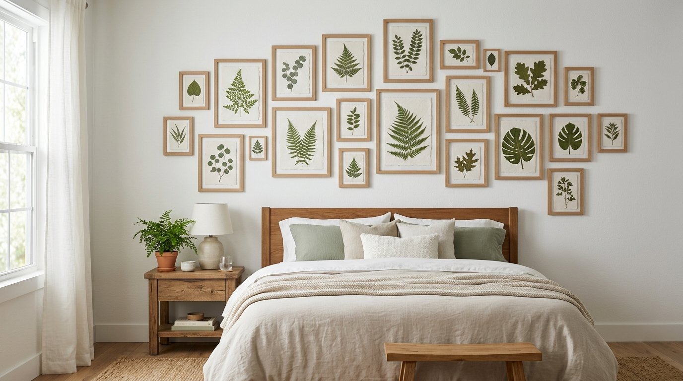 Wooden bed frame below a wall arrangement of nineteen framed pressed leaves and ferns in a minimalist room.