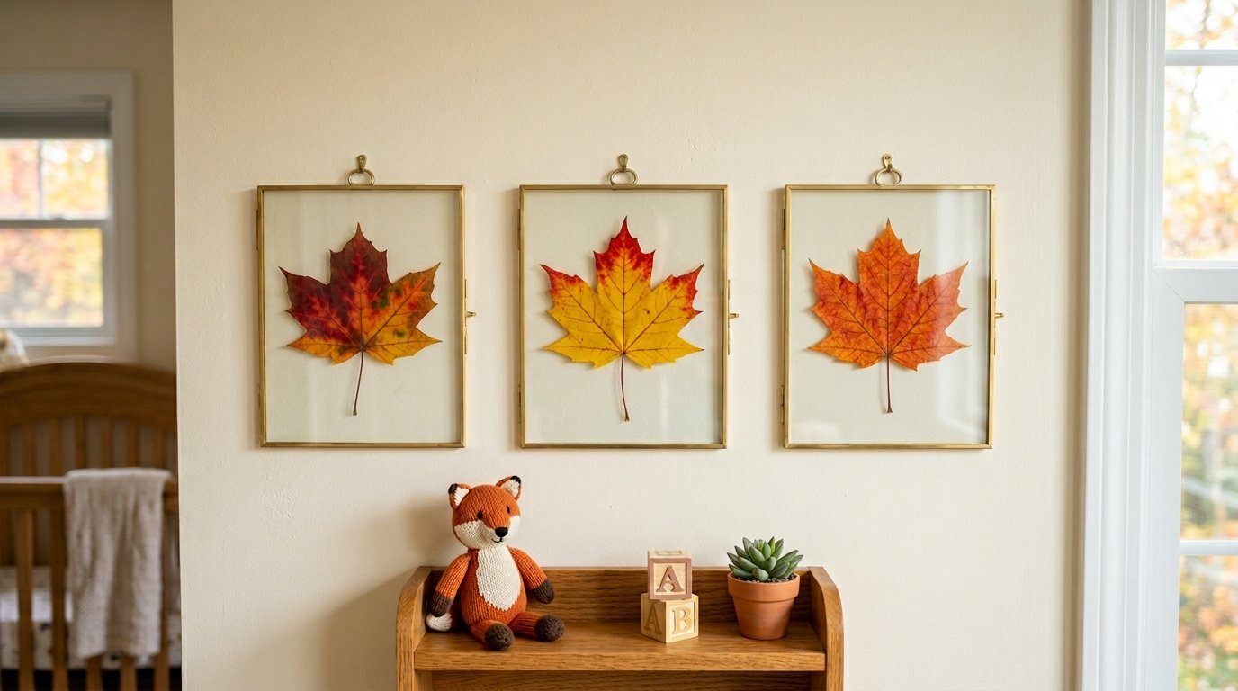 Three brass-framed pressed leaves hang above a shelf with a fox plushie, alphabet blocks, and a succulent.