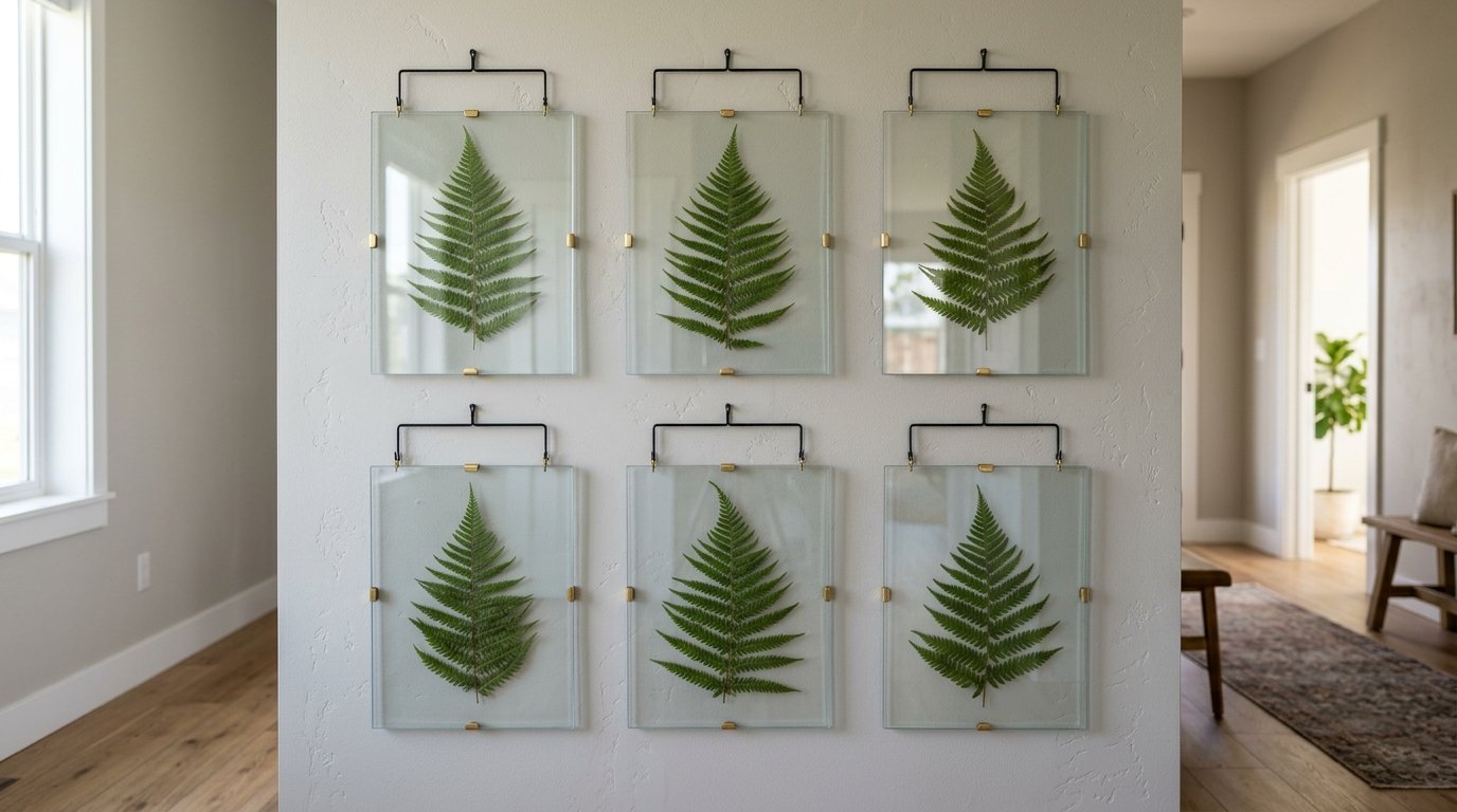 Grid of six rectangular floating glass frames featuring individual green fern leaves hanging on a white interior wall.