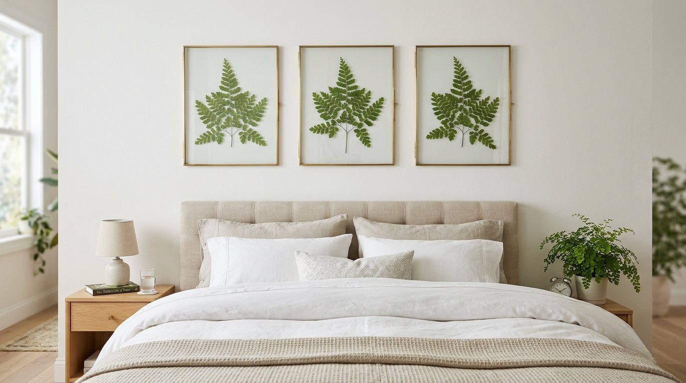 Three brass-framed botanical prints featuring green fern leaves displayed over a beige upholstered headboard.
