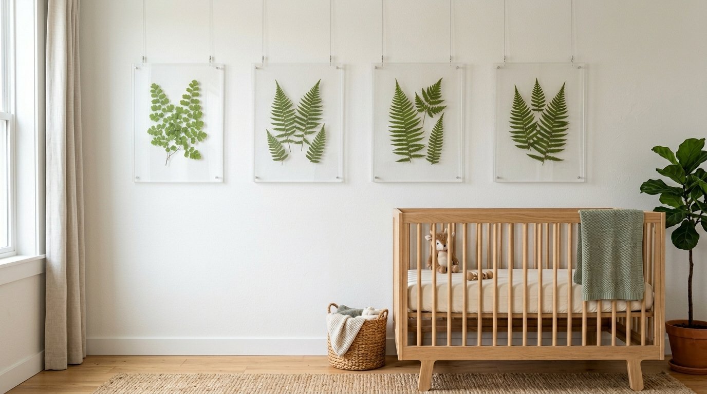 Modern wooden baby crib sits in front of a white wall decorated with four floating pressed botanical fern prints.
