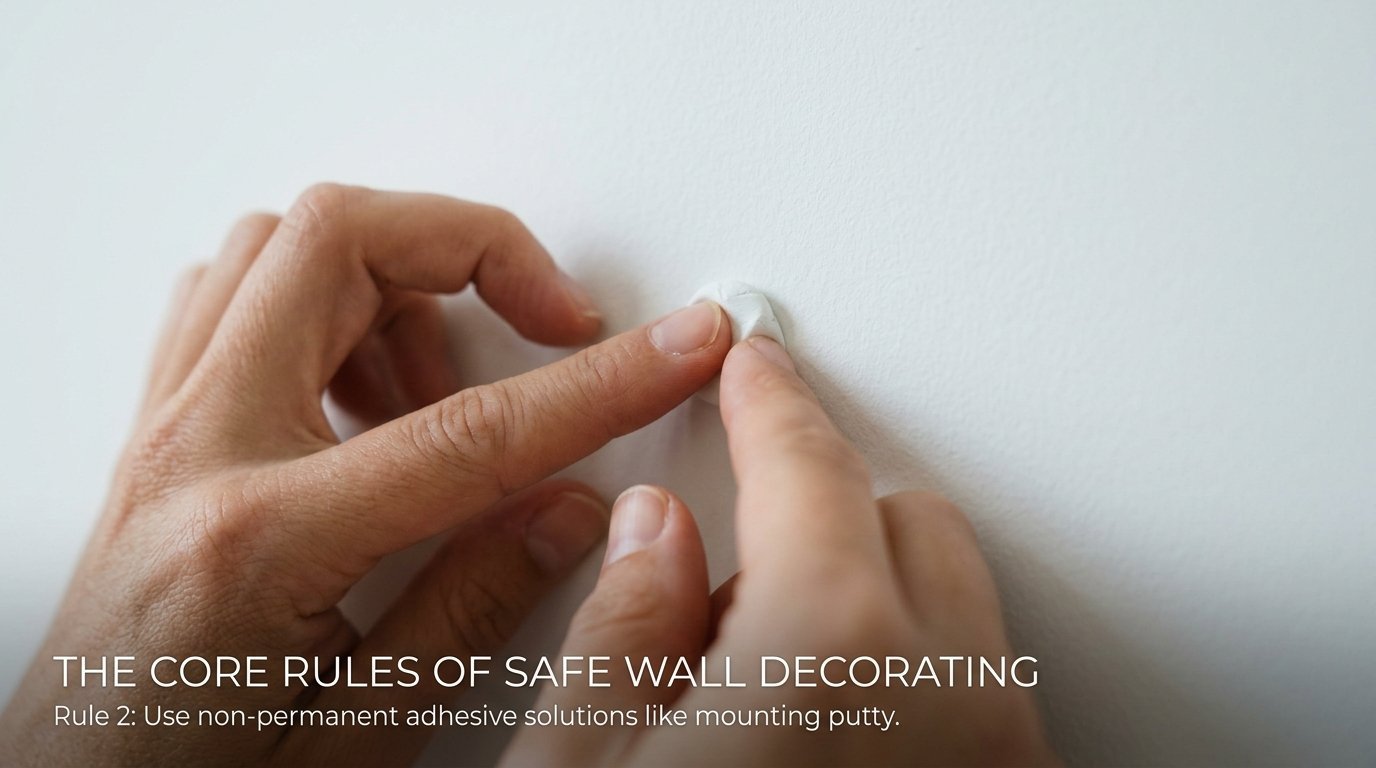 Close up of fingers applying adhesive mounting putty to a white wall surface.