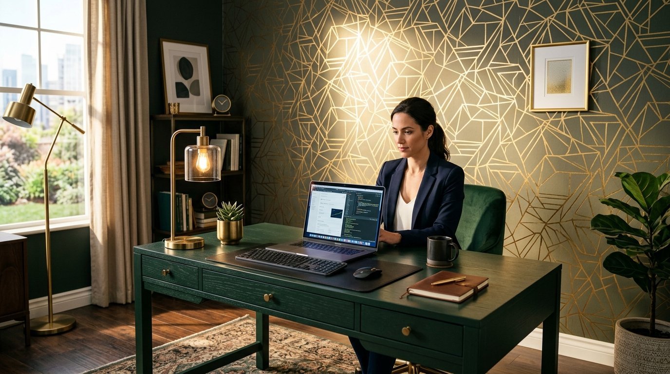 A woman in a blazer sitting at a dark green desk working on a laptop against a gold geometric wallpaper.