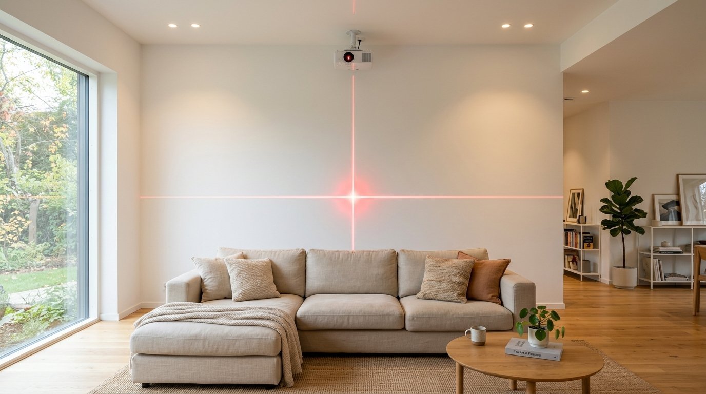 A projector mounted on the ceiling creates a red intersecting laser line over a beige sectional sofa.