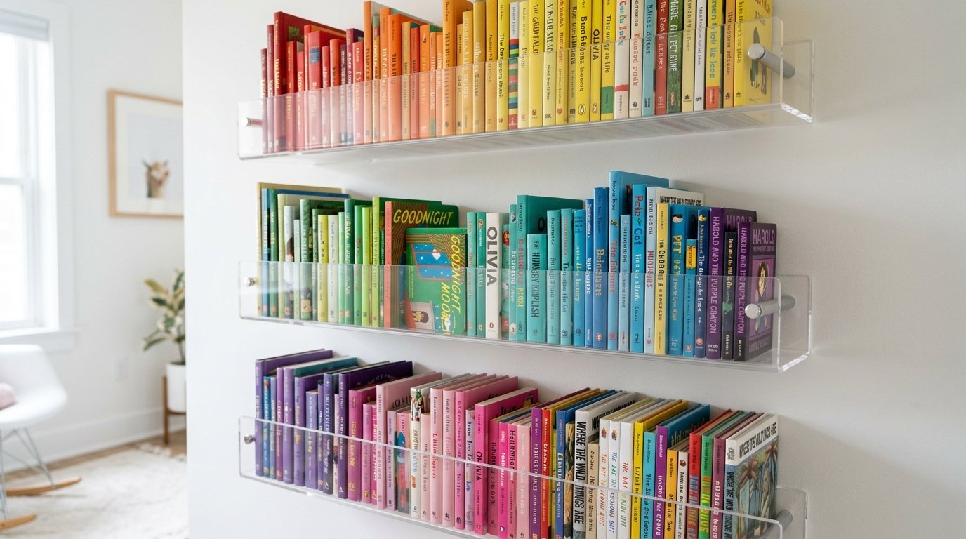 Children's books arranged by color on wall-mounted clear acrylic bookshelves.