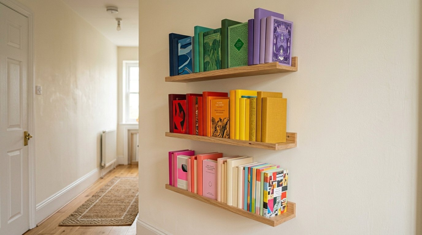 Close-up of three wall-mounted oak shelves holding books organized by color in a bright home hallway.