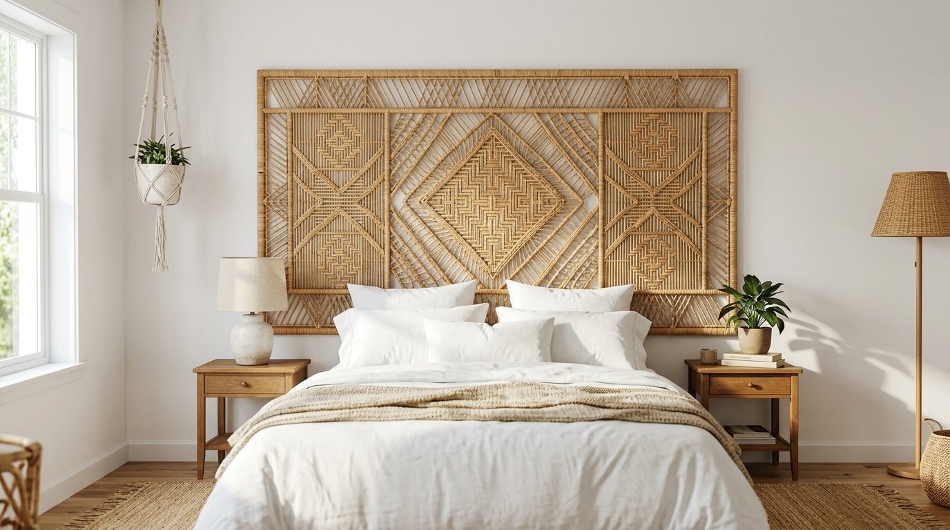 A white bed centered in front of an oversized decorative woven rattan headboard with geometric patterns.