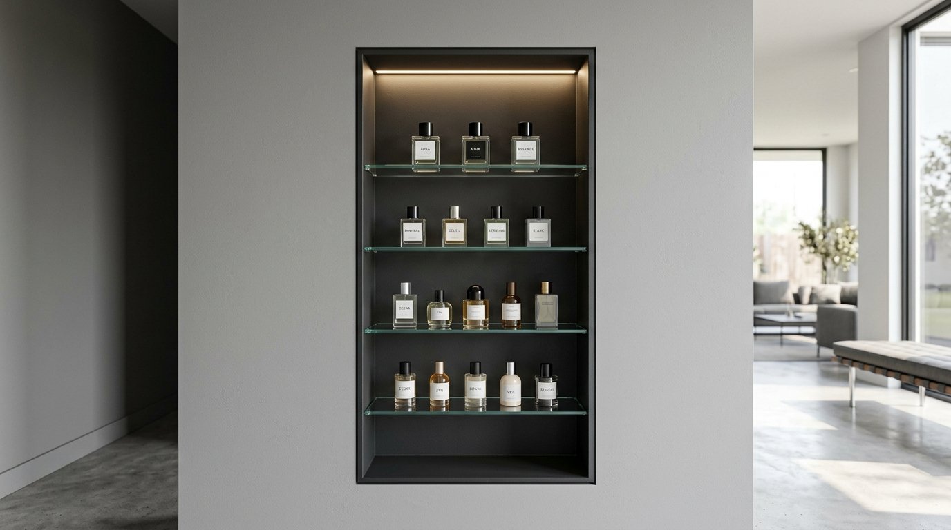 A modern grey wall featuring a black recessed display niche with four glass shelves holding various perfume bottles.