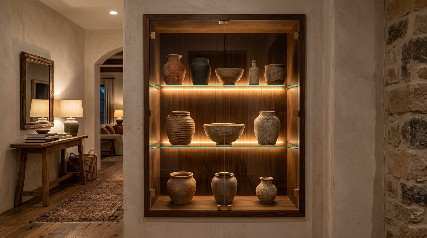 A lit wall-mounted wooden display case filled with various handmade ceramic jars and bowls in an entryway.