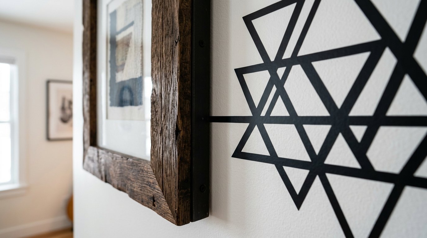 Close up of a textured wooden picture frame hanging next to black triangular decals on a white wall.