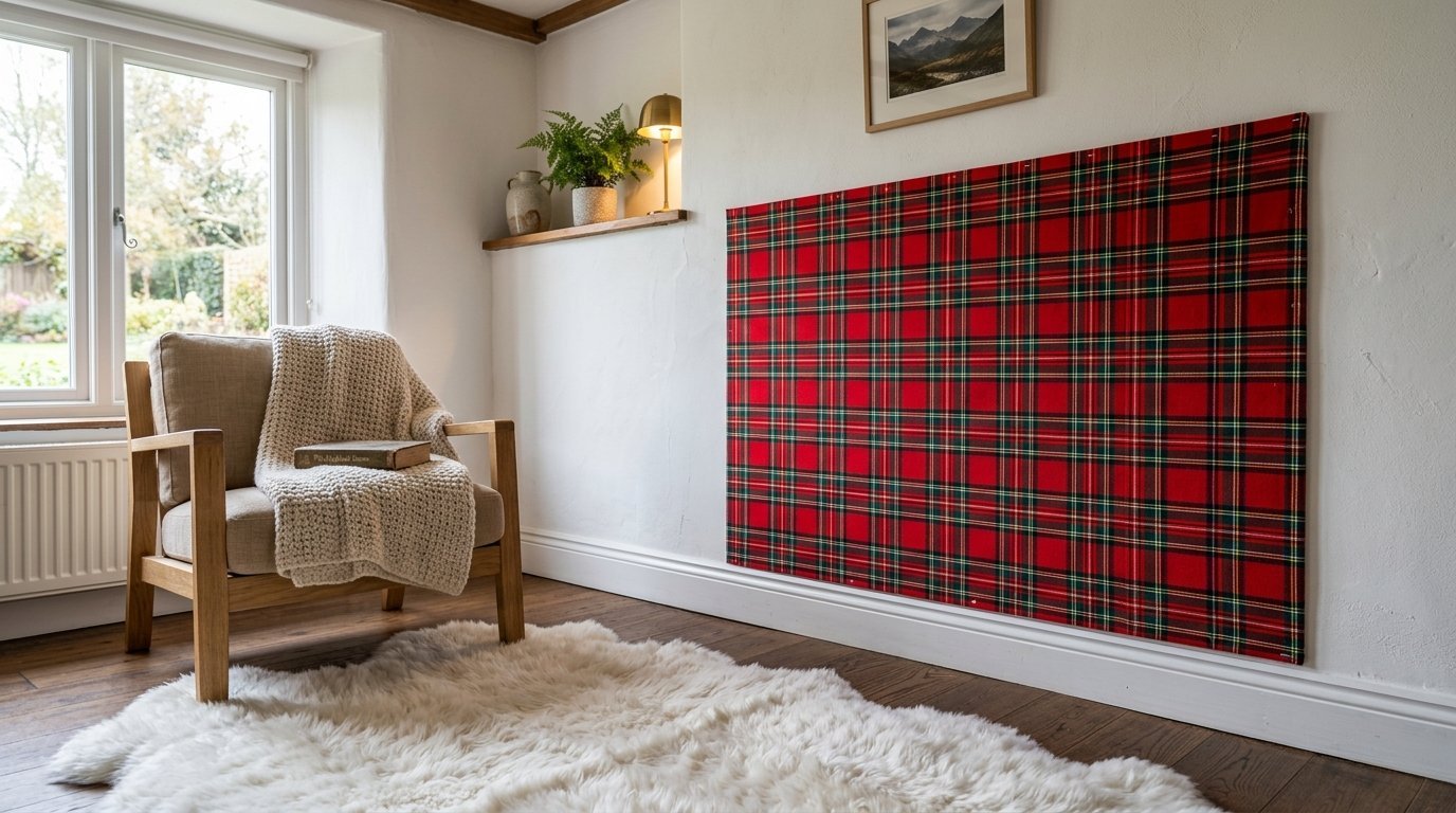 A beige armchair with a knit throw blanket sits next to a large red plaid fabric panel mounted on a white wall.