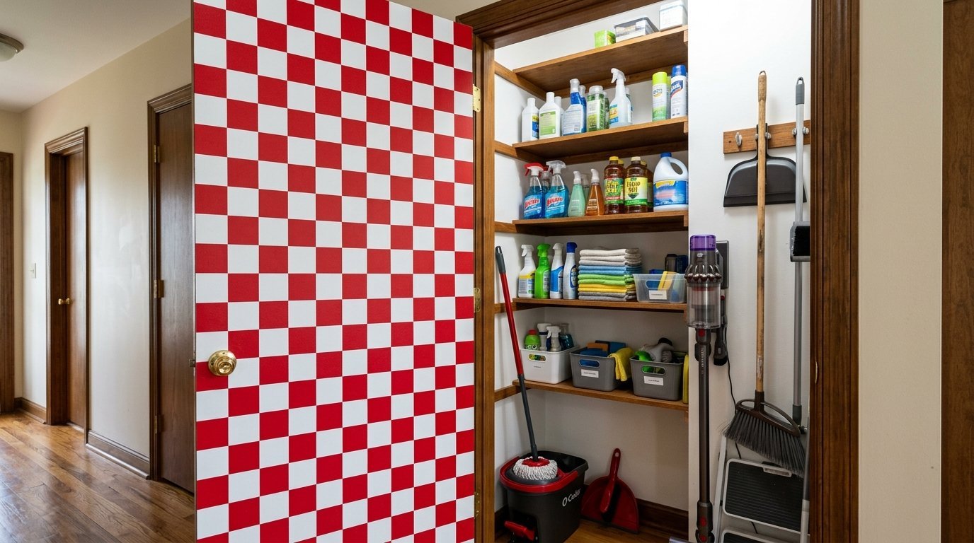 Open closet organized with cleaning supplies, sponges, and tools beside a bold checkered door.