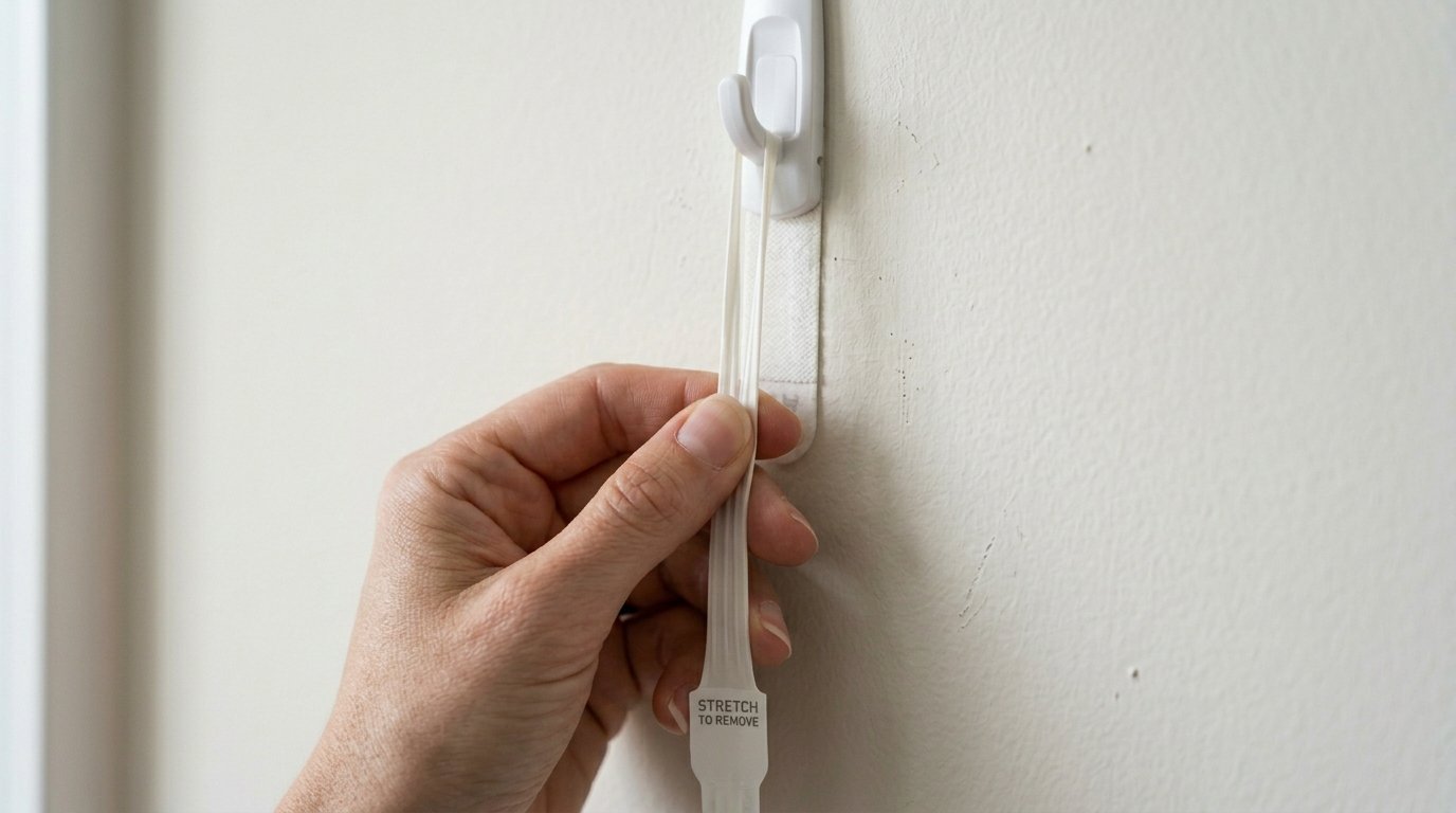 A hand pulling on the stretchy release tab of a command style adhesive hook attached to a white wall.