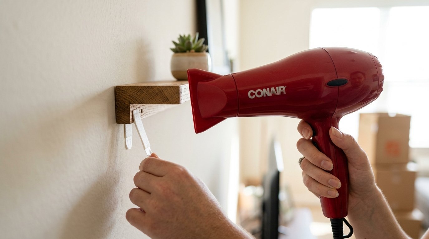 Close-up of hands using a red hairdryer to heat an adhesive strip under a mounted wooden shelf.