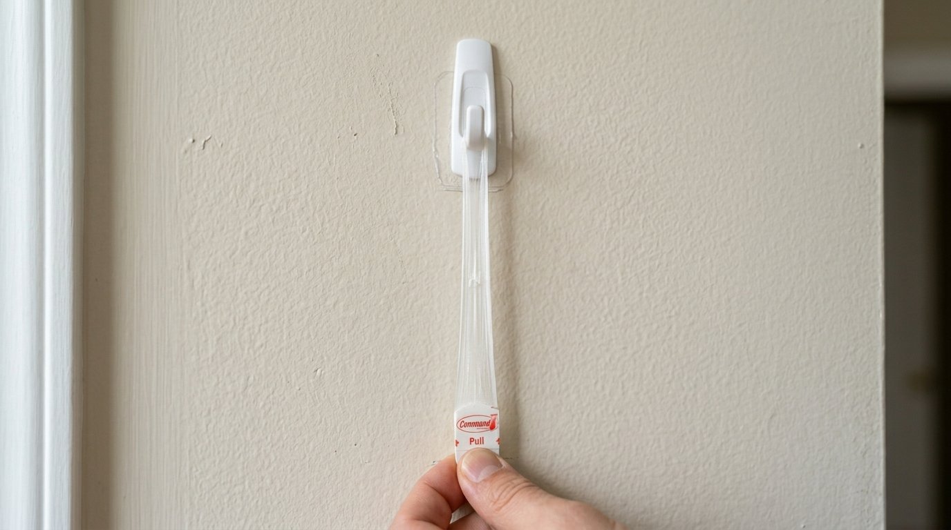 Close up of a hand stretching the clear adhesive tab downward to release a white plastic wall hook.