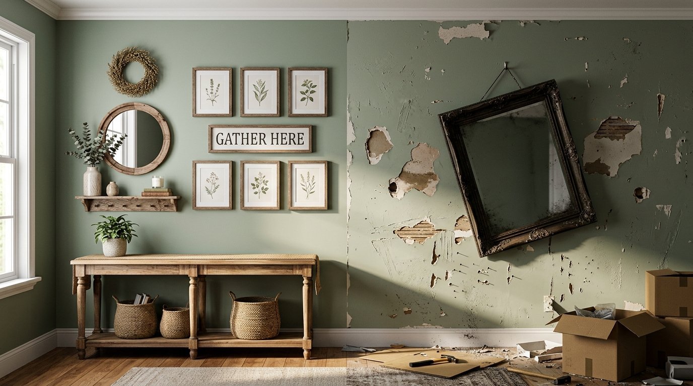 A sage green wall transitions from a decorated home entry to a damaged section with a tilted antique mirror.