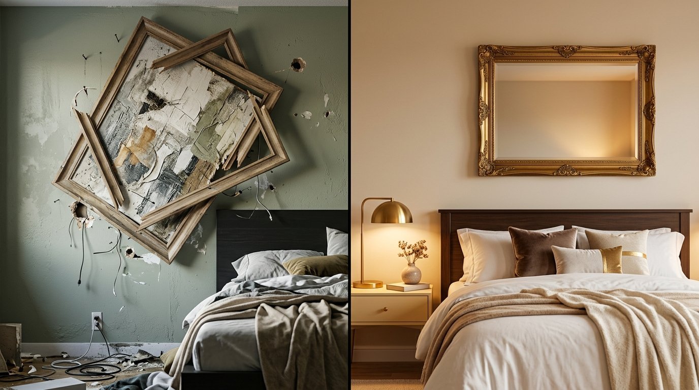Before and after comparison showing a damaged wall with broken frame versus a clean bedroom with a gold mirror.