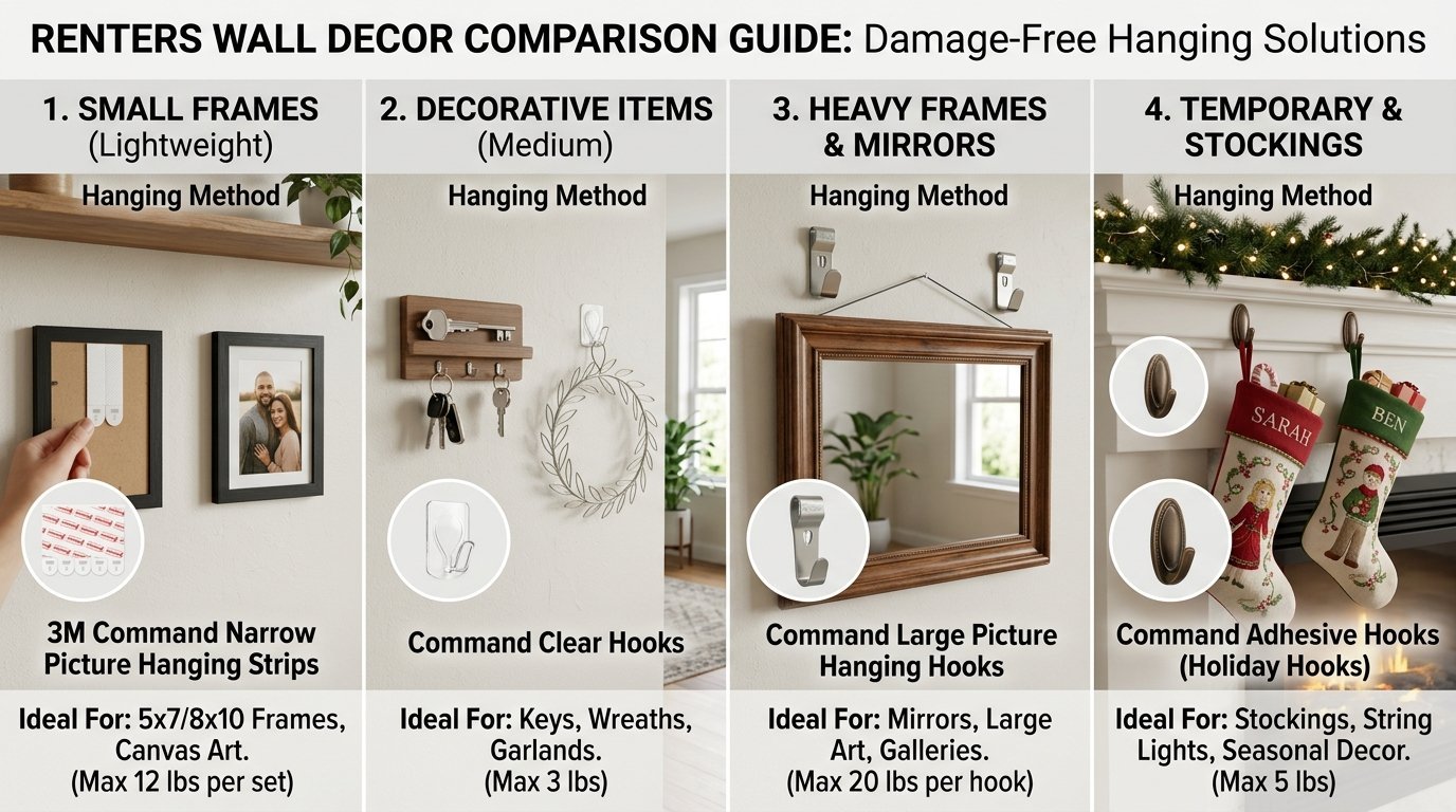 Infographic showing four methods for hanging decor without nails, including hooks, strips, and hangers.