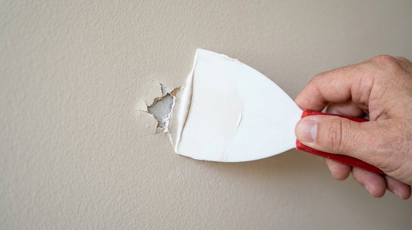 Close-up of a person filling a small hole in a beige wall with spackle using a white plastic scraper.
