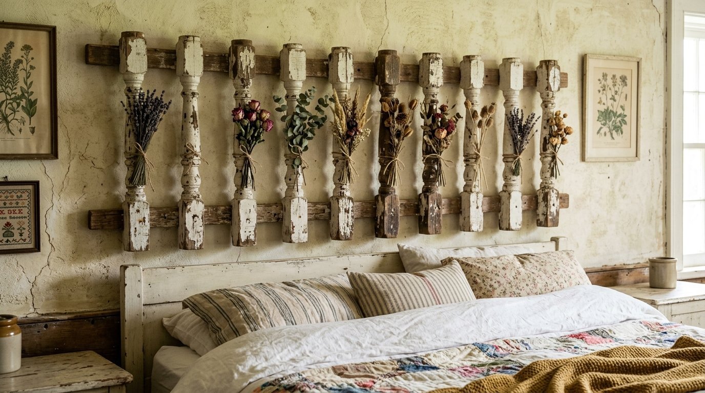 A bedroom wall featuring a headboard made of weathered balusters decorated with bouquets of dried flowers.