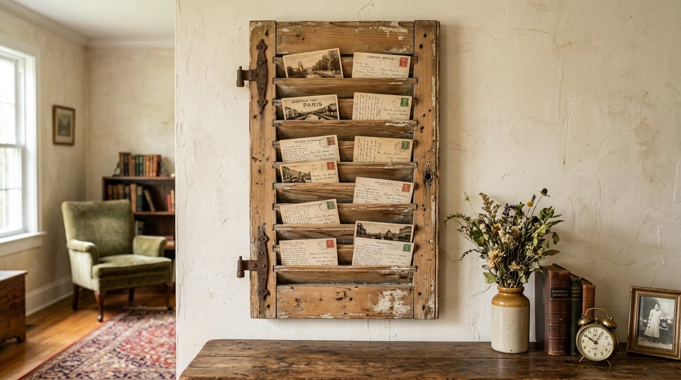 An antique wooden shutter hanging on a wall holding a collection of old postcards.