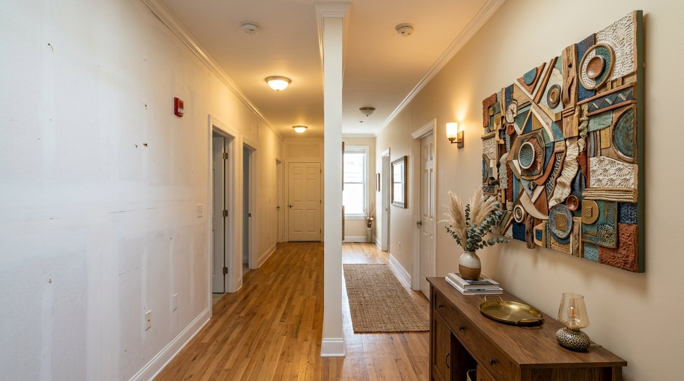 A beige residential corridor with a wood console table displaying a vase and decorative art mounted on the wall.