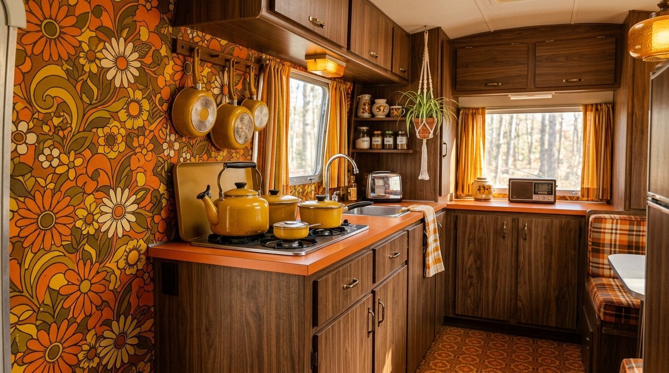 Small kitchen in a vintage travel trailer with wood cabinets, yellow cookware, and orange flower-patterned wallpaper.