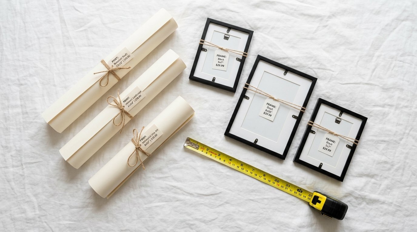 Three paper scrolls tied with twine and three empty black frames arranged on a white fabric surface with a tape measure.