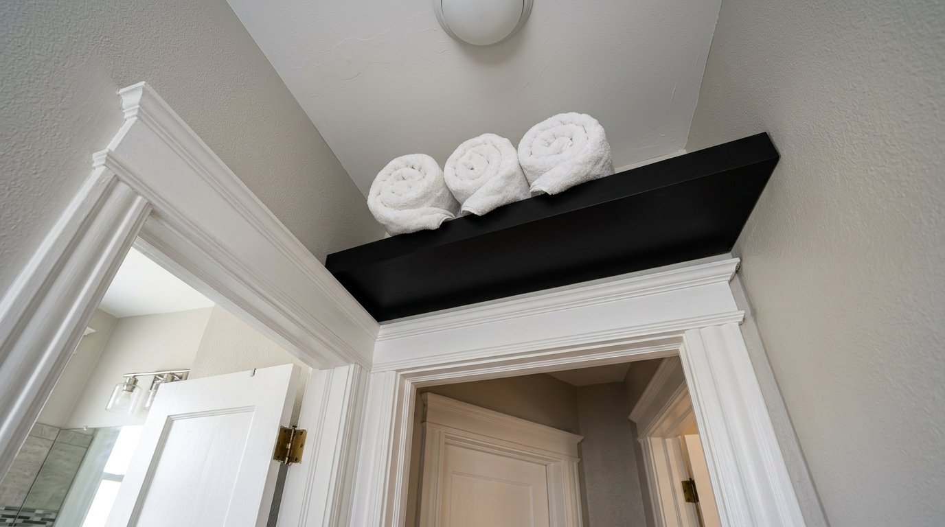 Three white rolled towels displayed on a floating black shelf above a doorway in a bathroom.