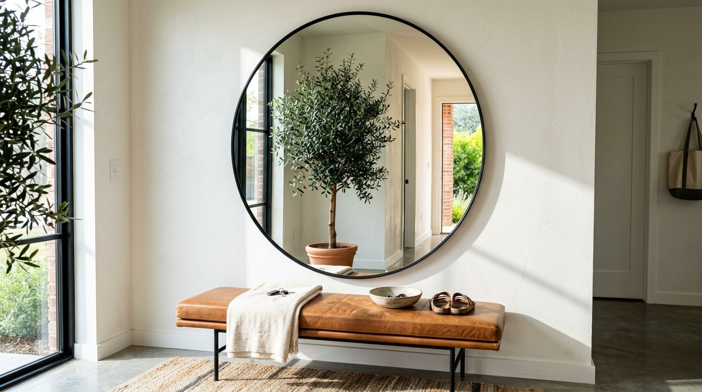 Round black framed mirror hanging over a tan leather bench in a modern sunlit home entryway.