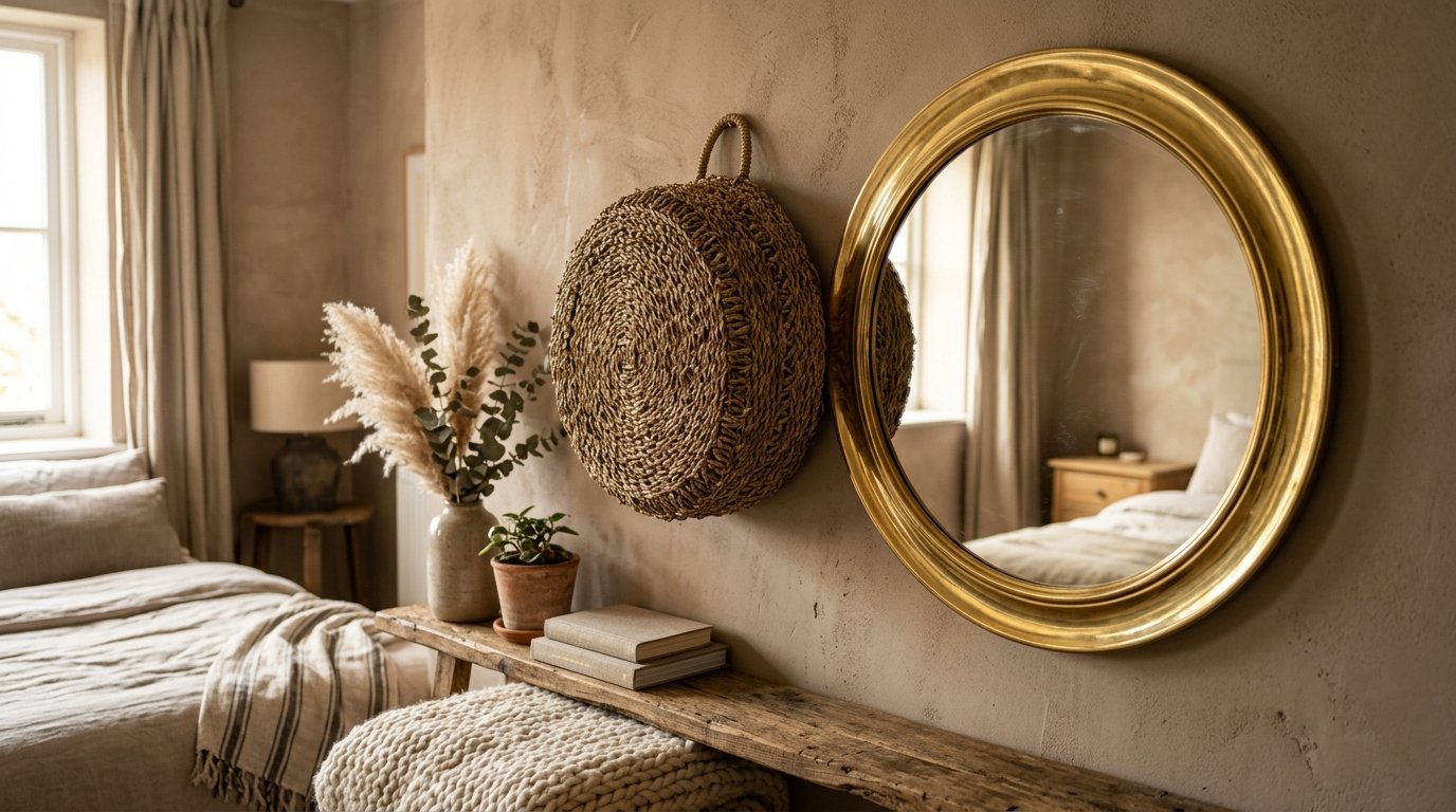 Round golden mirror hanging on a beige plaster wall next to a circular wicker wall basket and rustic wooden shelf.