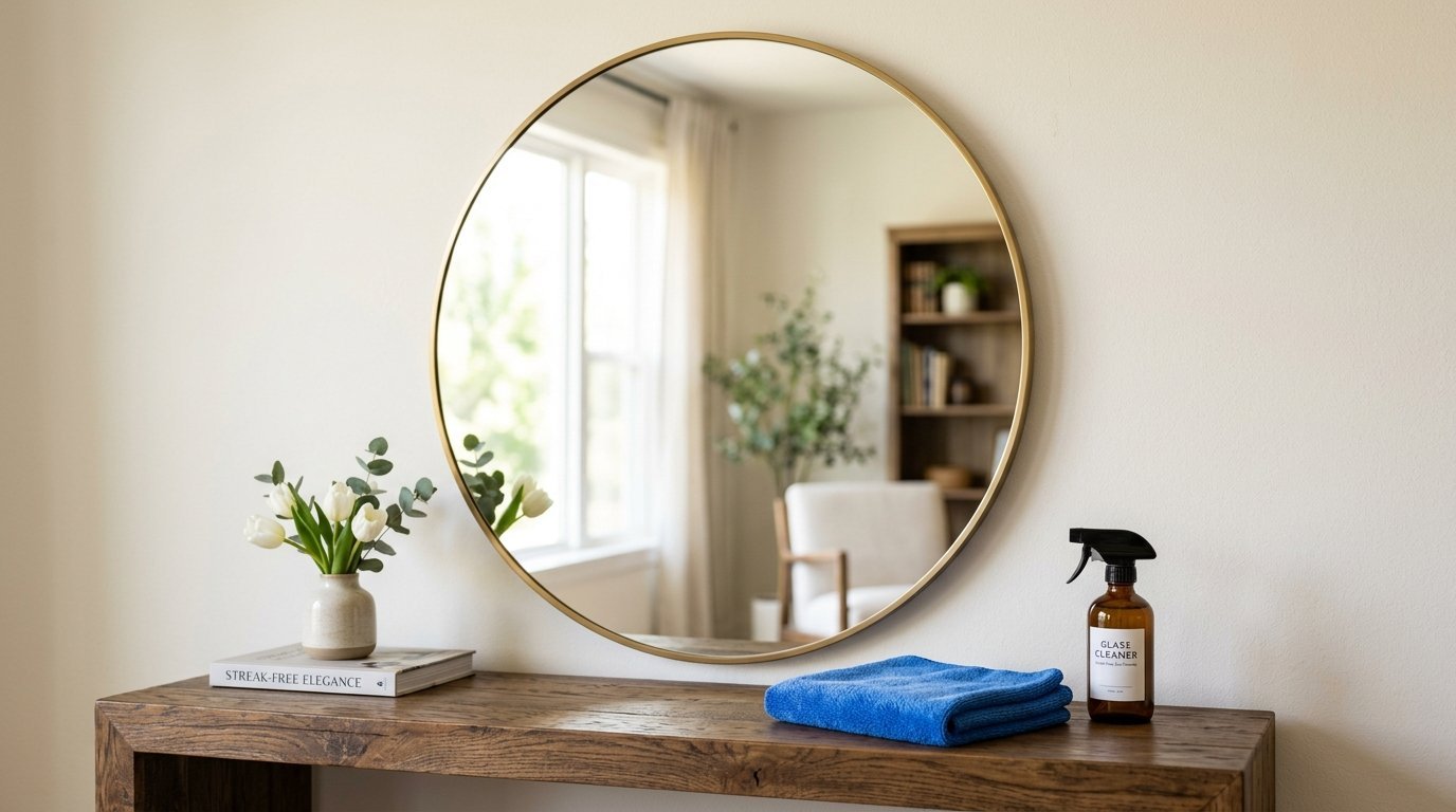 Round mirror with a gold border mounted above a wooden console table with cleaning supplies.