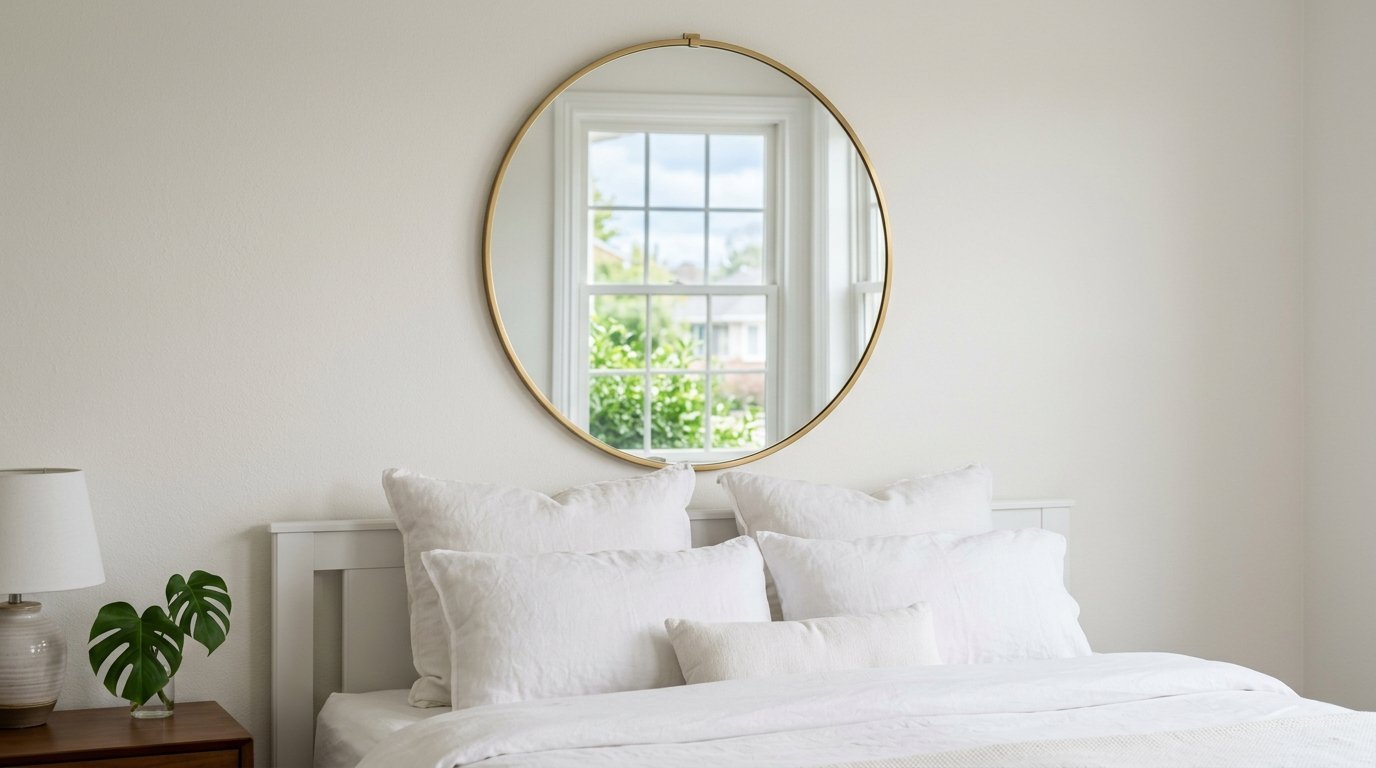 A round gold-framed wall mirror hanging over a bed with white linen pillows and a view of a window.