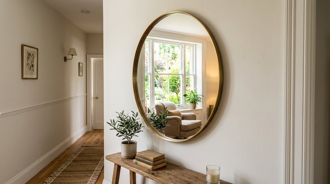 Round mirror reflecting a cozy living room chair with a small olive plant on a rustic table in the hallway.