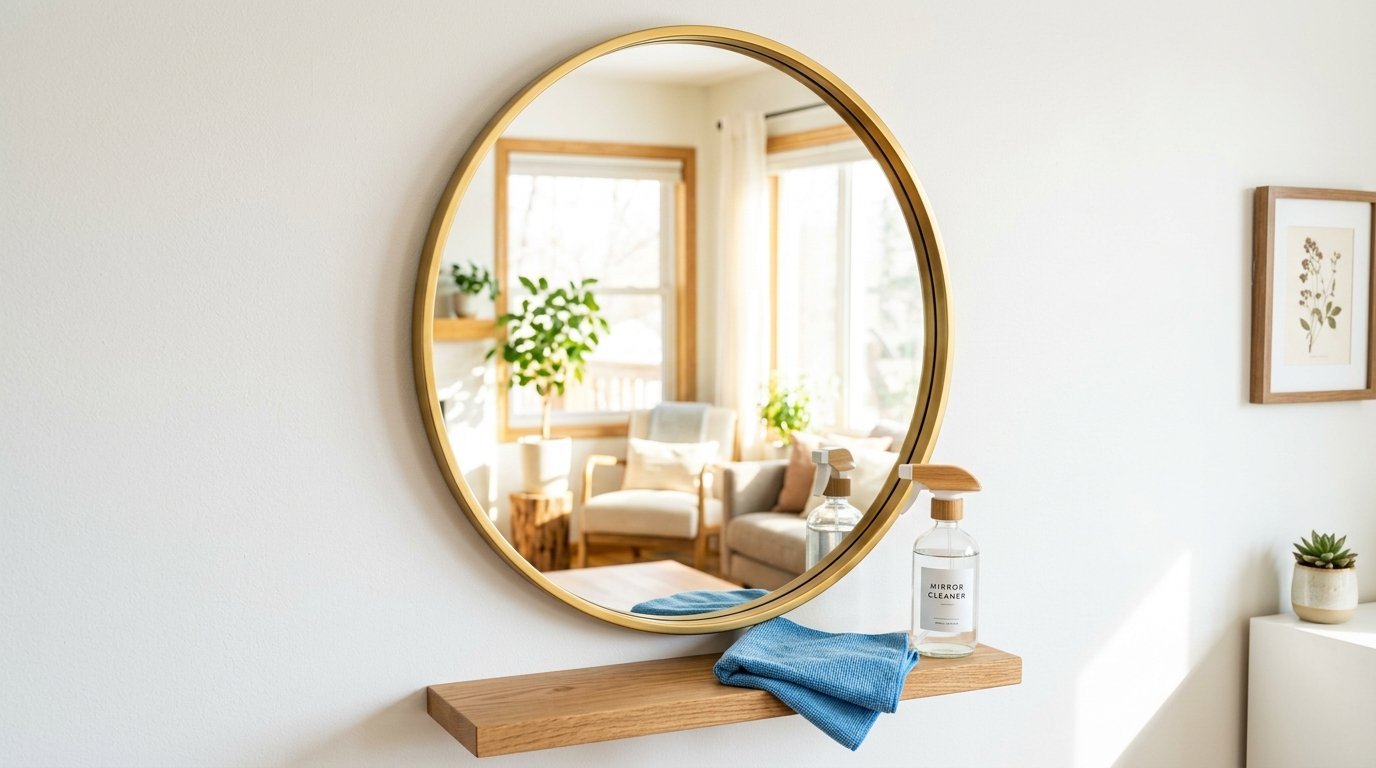 A round wall mirror with a gold frame sits above a wooden shelf holding a spray bottle and a blue cleaning cloth.
