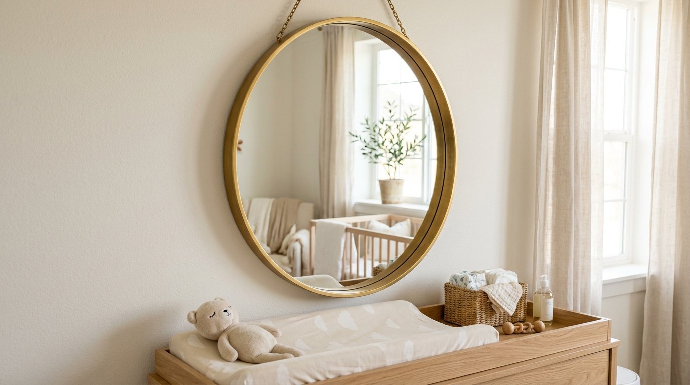 Circular brass-framed mirror mounted on a white wall above a wooden changing table with a teddy bear and woven basket.