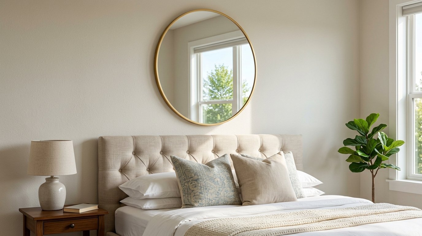 Modern bedroom featuring a circular gold mirror, tufted beige headboard, and a small potted fig tree.