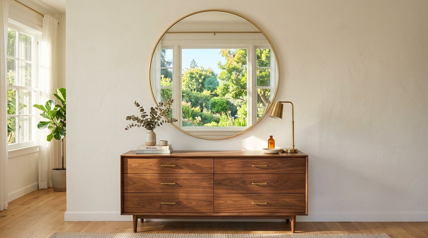 A large round gold-framed mirror reflects a garden window above a wooden six-drawer sideboard with brass hardware.