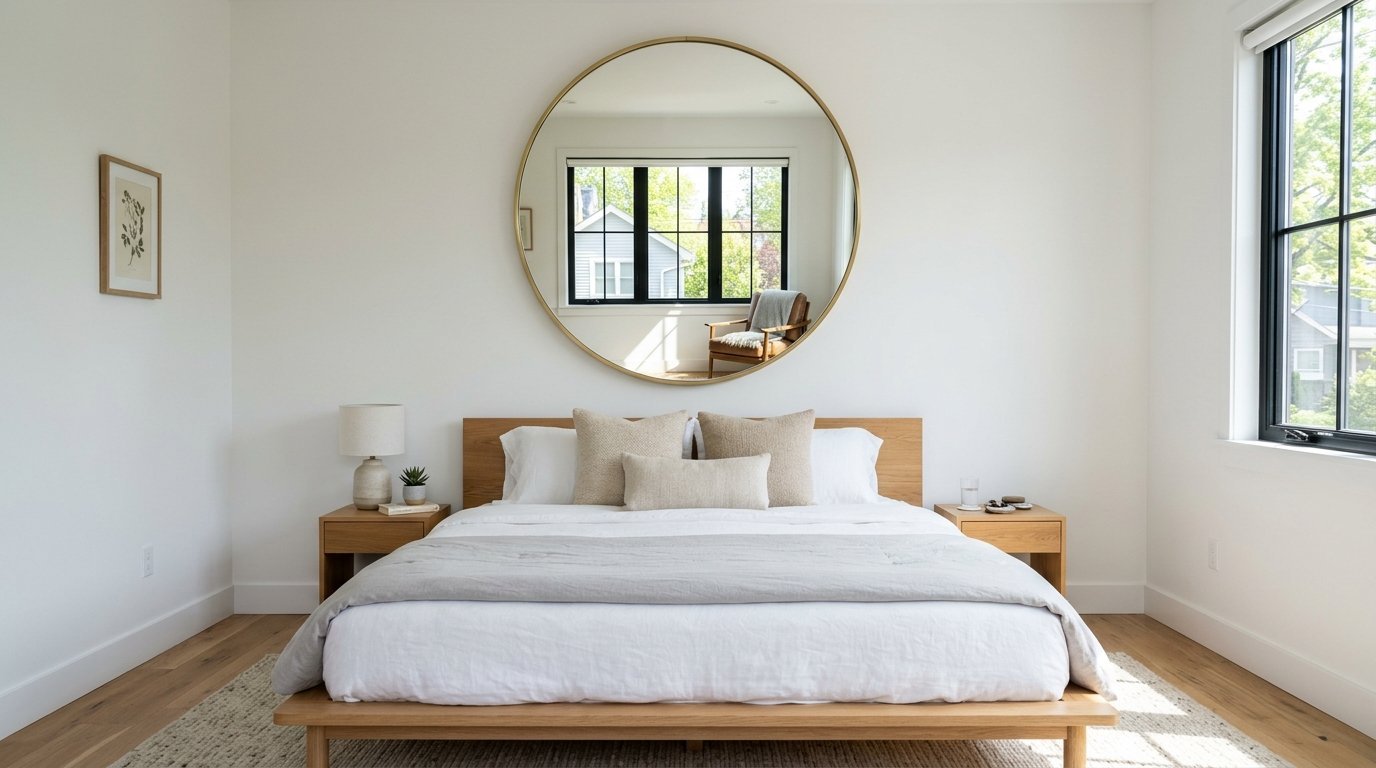 Modern bedroom with a wooden bed frame, textured pillows, and a large round gold mirror reflecting a cozy corner.