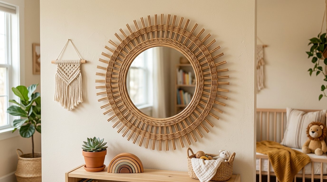 Decorative boho-style rattan sunburst mirror mounted on a beige wall above a wooden console table.