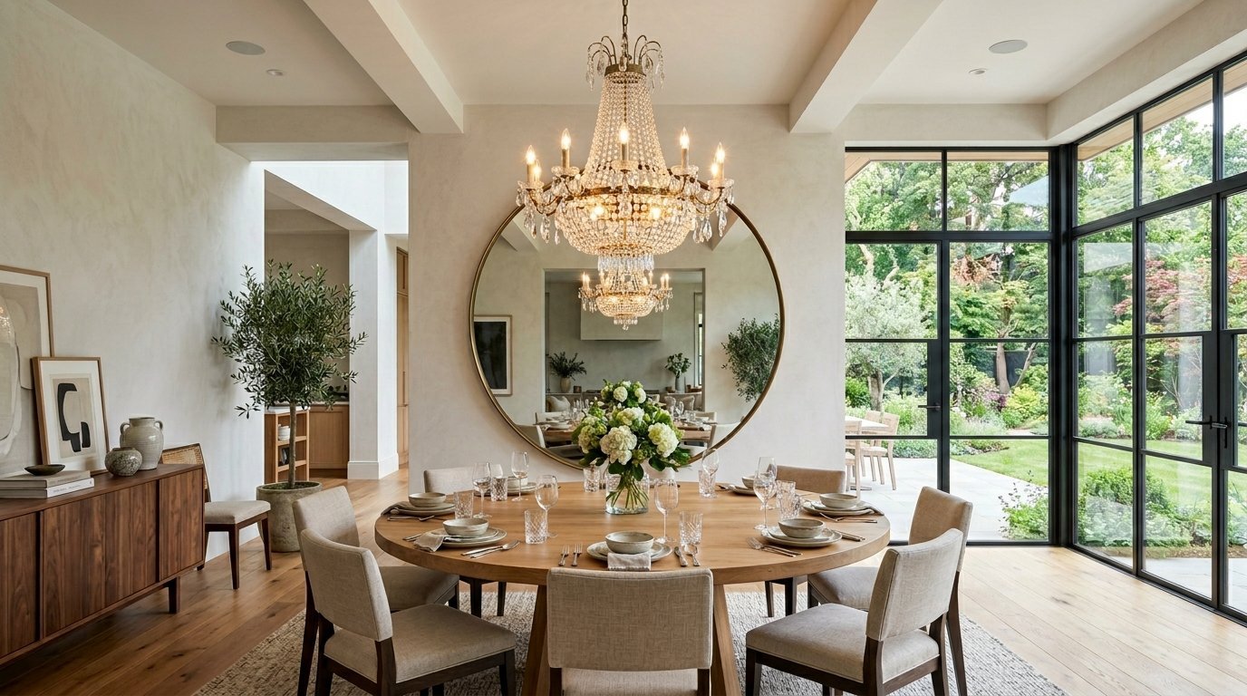 Round wooden dining table set for guests with a large gold-framed mirror and crystal chandelier overhead.
