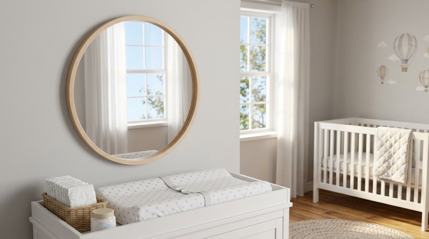A light wood circular mirror hangs on a nursery wall over a dresser with a star-patterned changing pad.