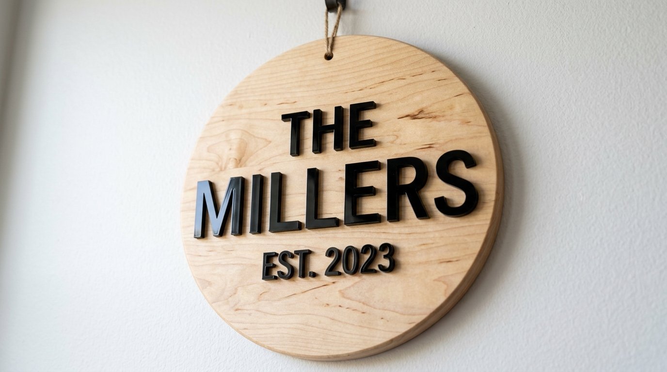 Round natural wood plaque with 3D black text reading The Millers Est. 2023 hanging on a white wall.