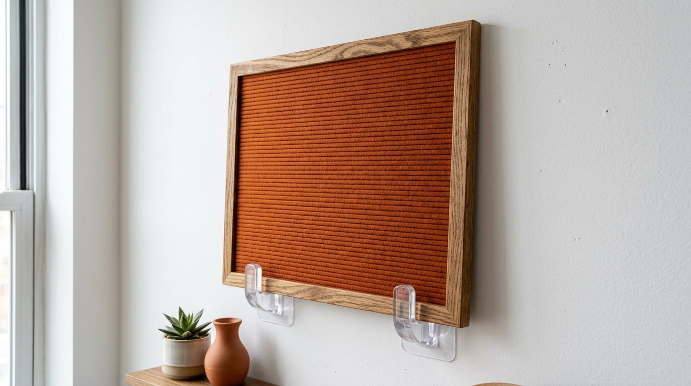 An empty orange felt letter board with an oak wood frame hanging on a white interior wall using clear plastic hooks.