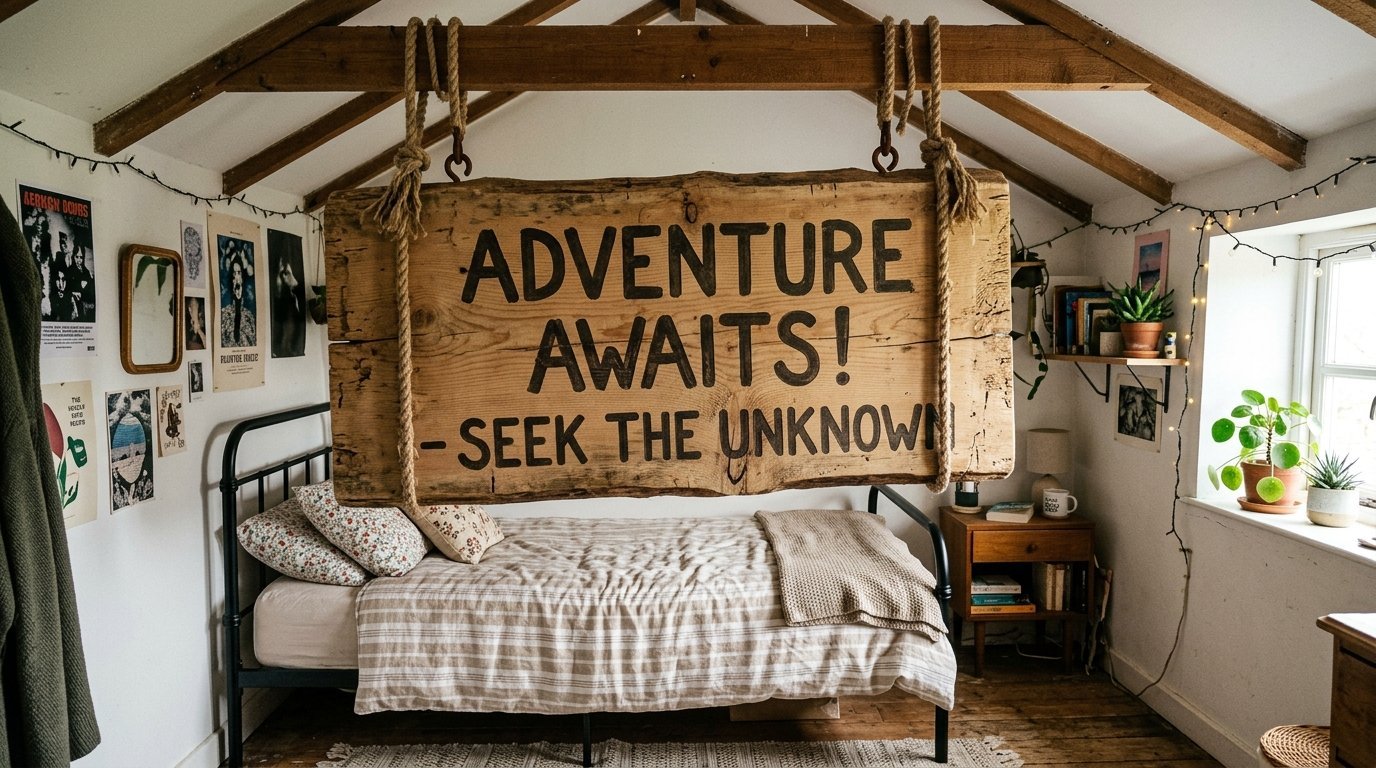 Large wooden sign reading Adventure Awaits suspended by ropes above a bedroom bed with fairy lights.