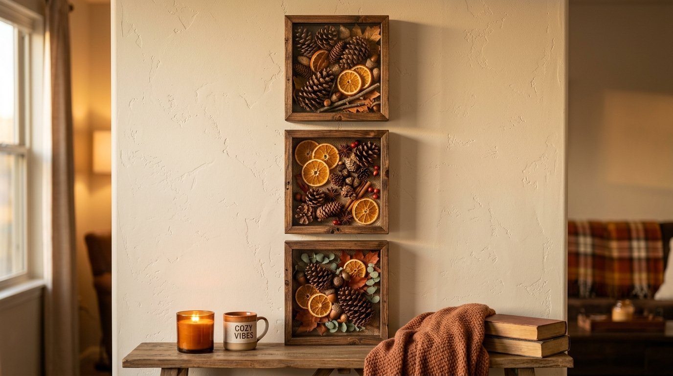 Wooden wall art displays featuring pinecones, dried orange slices, and fall leaves arranged in square frames.