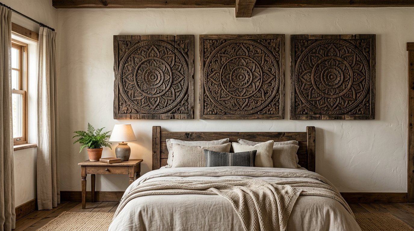 A bed with neutral linens sits beneath three square wooden wall art pieces with intricate floral circle carvings.