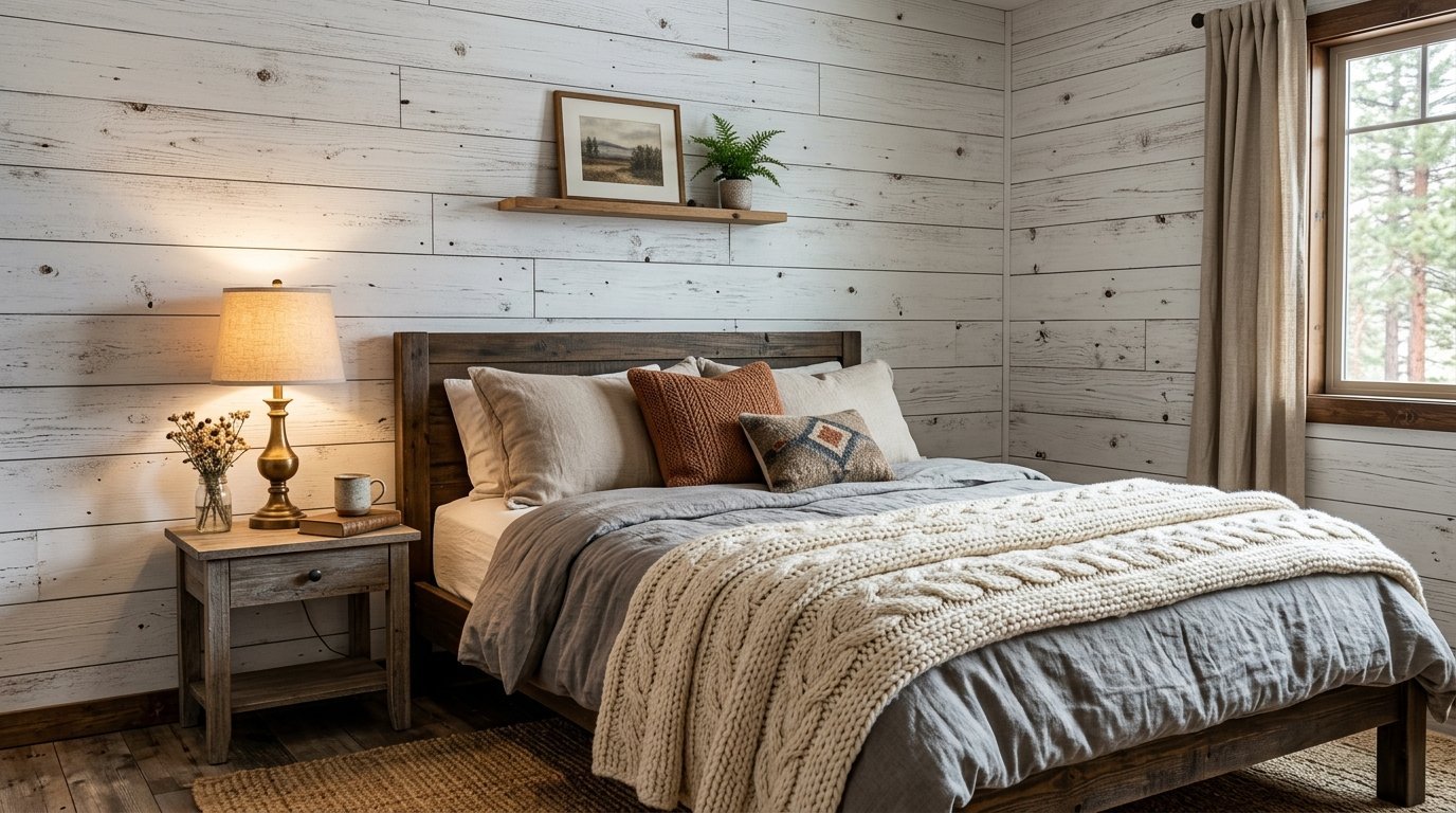Modern rustic bedroom with a wooden bed frame, textured knit blanket, and whitewashed horizontal wall paneling.